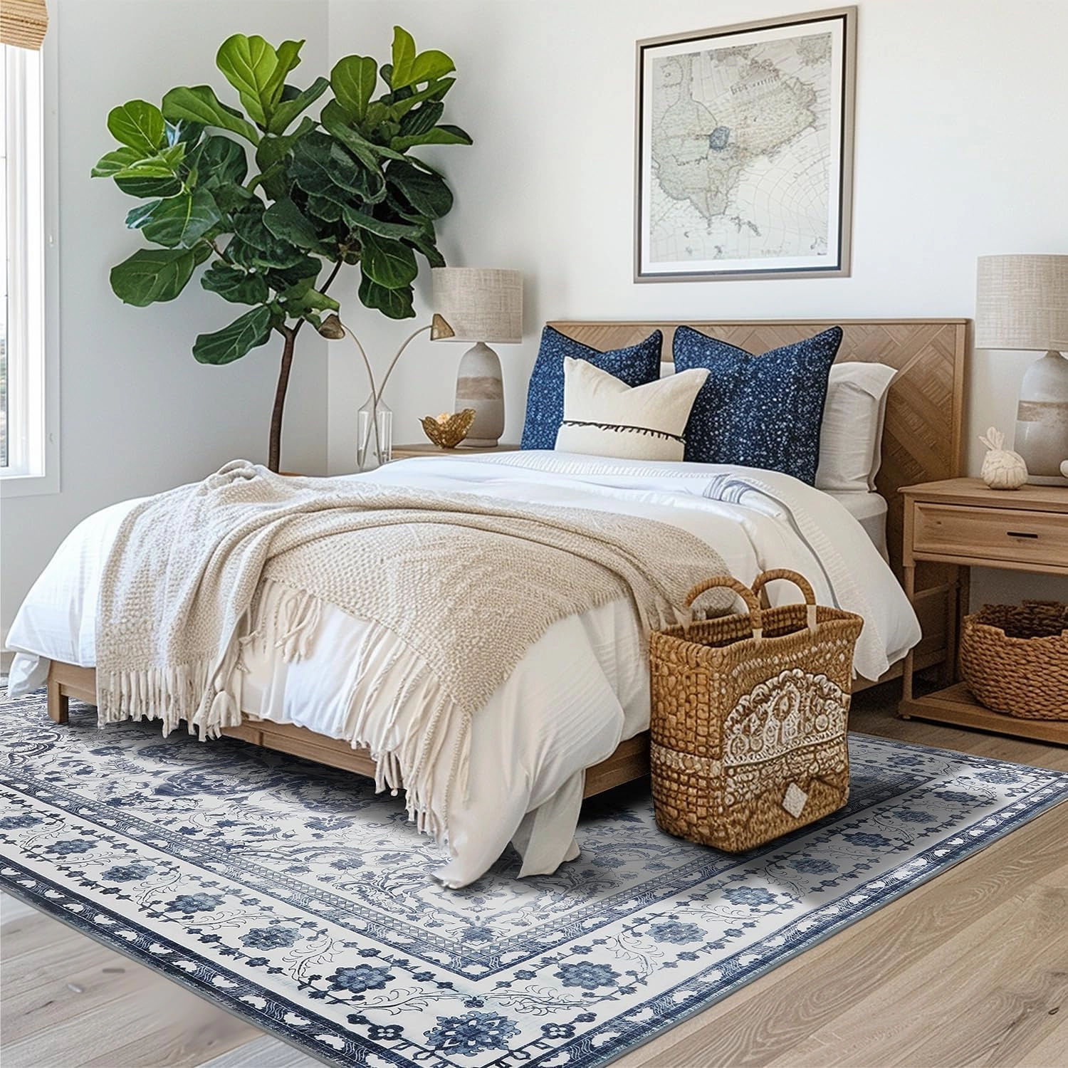 Large Boho Area Rug 9x12 Machine Washable Area Rugs Living Room Non Slip Eco-Friendly Area Rugs for Bedroom Easy to Clean Stain Resistannt Rug(Blue,9x12ft)