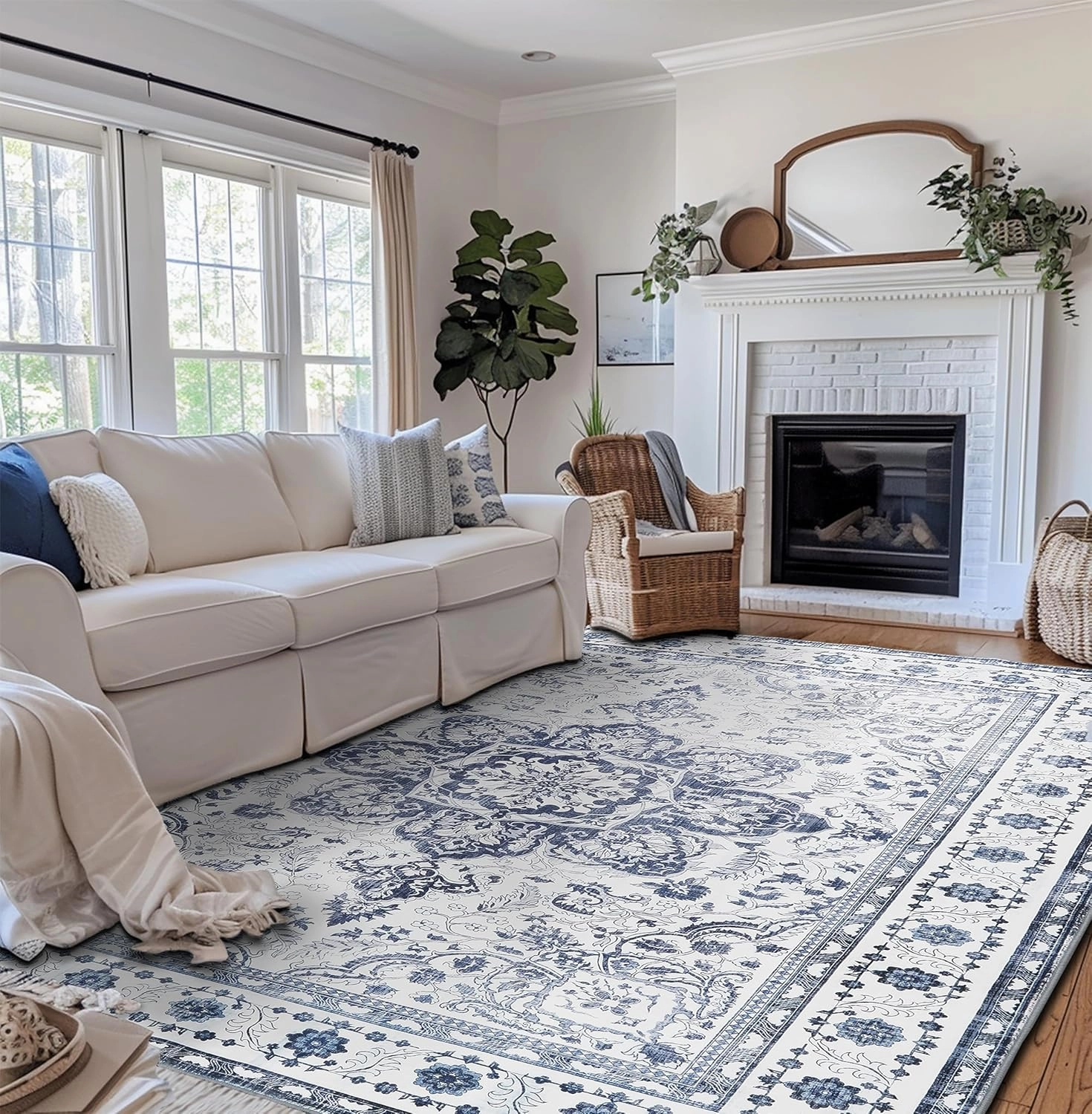 Large Boho Area Rug 9x12 Machine Washable Area Rugs Living Room Non Slip Eco-Friendly Area Rugs for Bedroom Easy to Clean Stain Resistannt Rug(Blue,9x12ft)