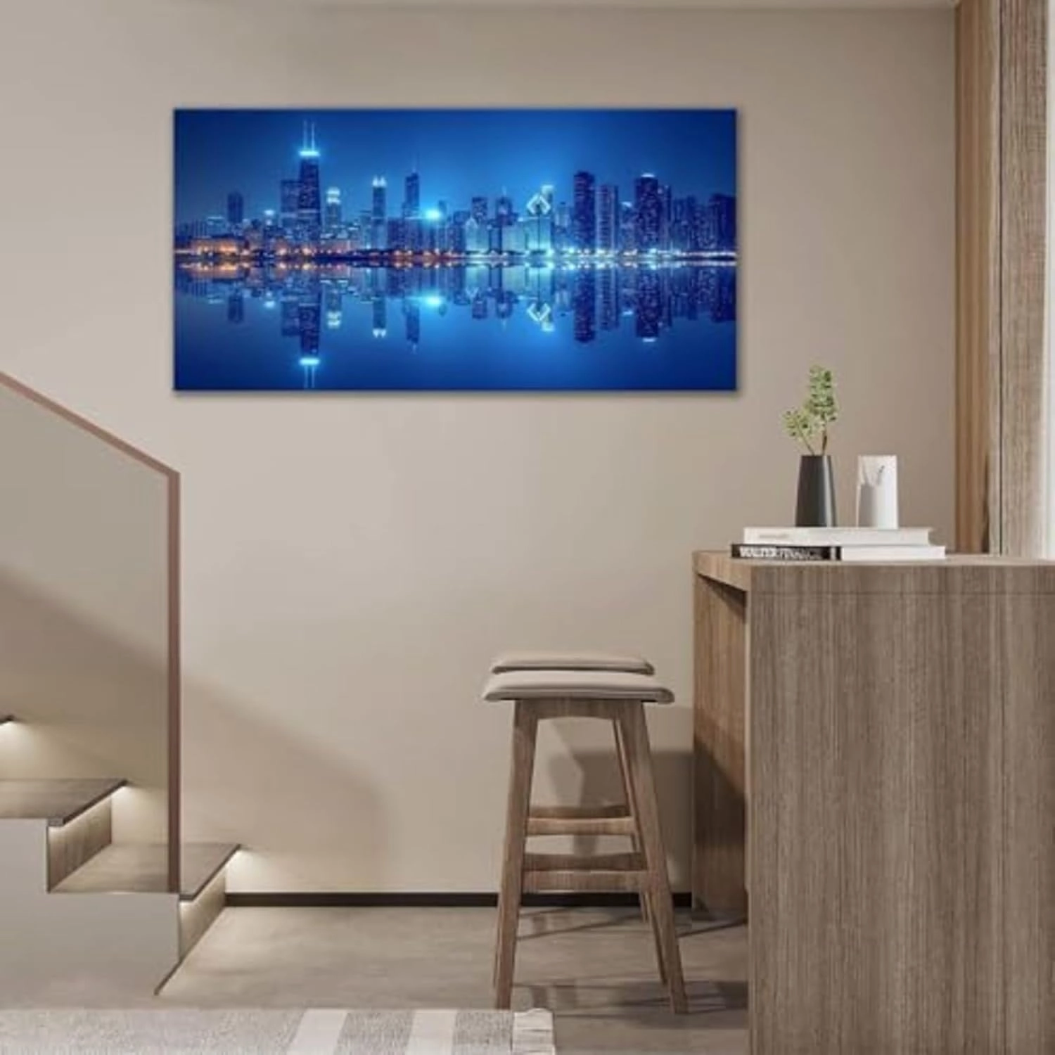 Large Canvas Wall Art Decor for Living Room Bedroom New York Manhattan Skyline Pictures Modern City Blue Night Landscape Painting Prints Framed Artwork Decoration Home Office 60"x30"