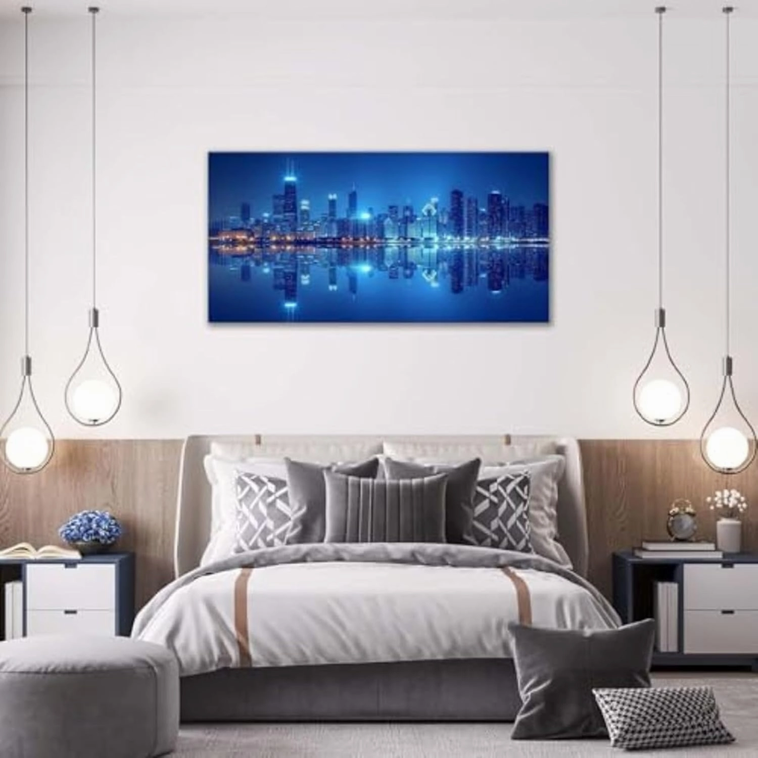Large Canvas Wall Art Decor for Living Room Bedroom New York Manhattan Skyline Pictures Modern City Blue Night Landscape Painting Prints Framed Artwork Decoration Home Office 60"x30"