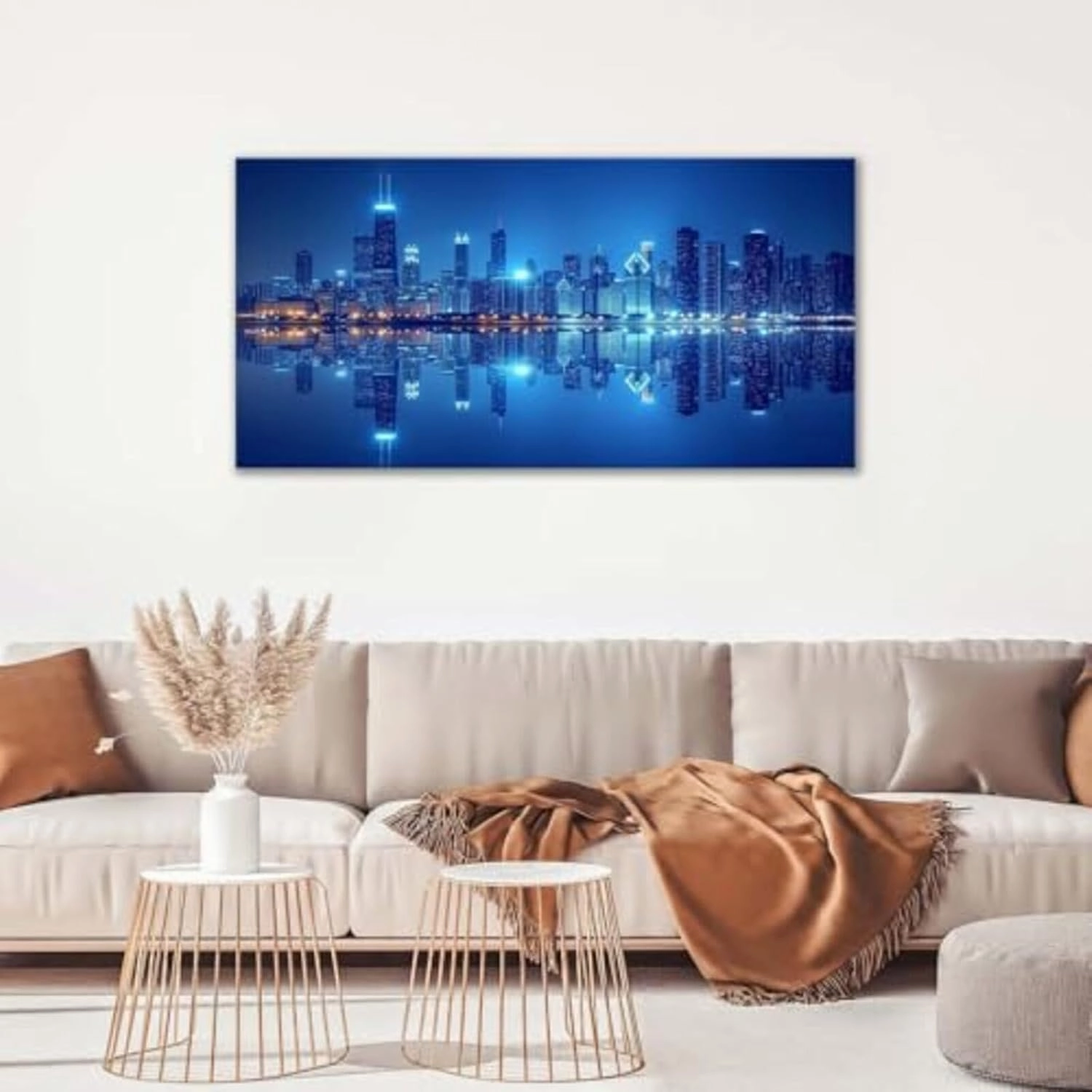 Large Canvas Wall Art Decor for Living Room Bedroom New York Manhattan Skyline Pictures Modern City Blue Night Landscape Painting Prints Framed Artwork Decoration Home Office 60"x30"