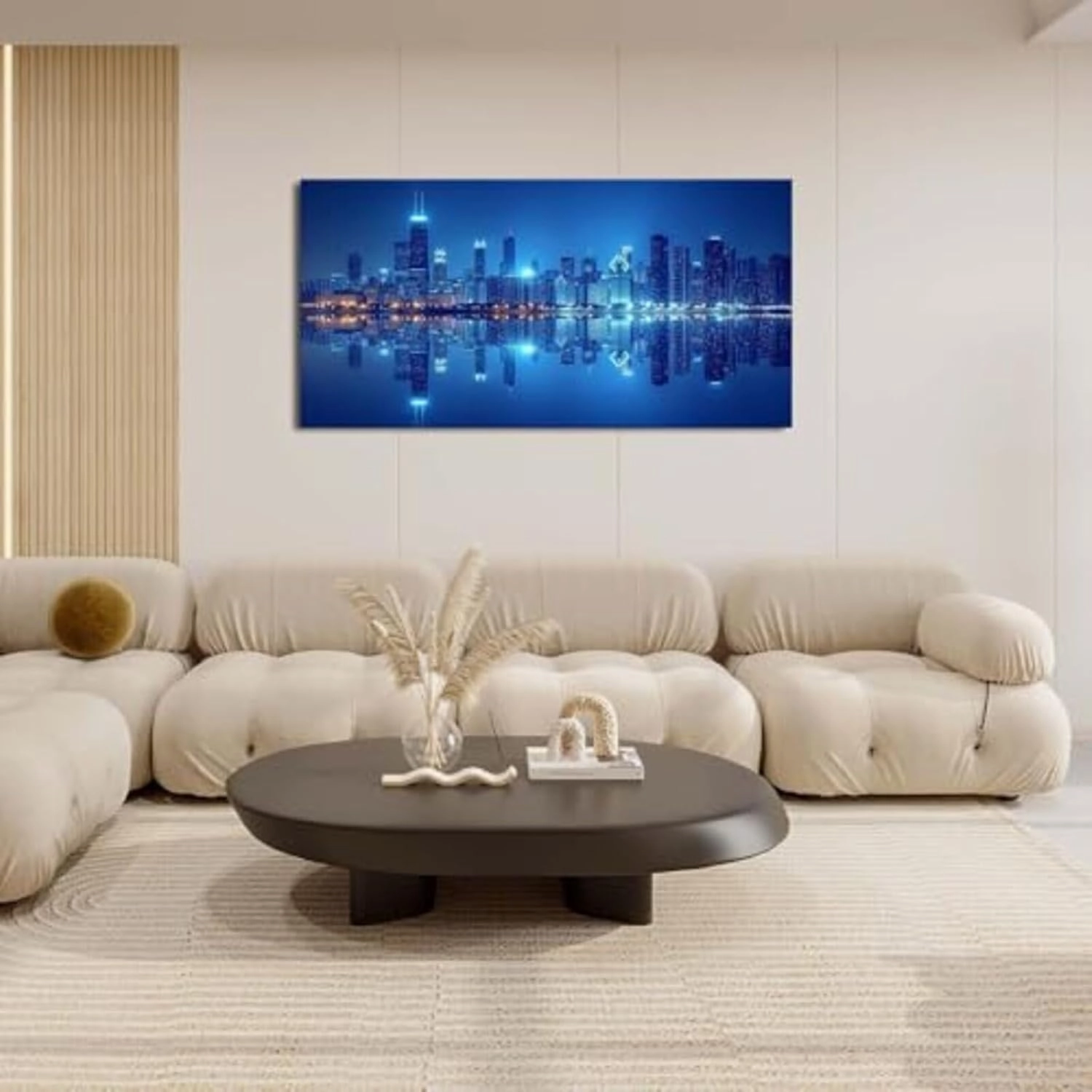 Large Canvas Wall Art Decor for Living Room Bedroom New York Manhattan Skyline Pictures Modern City Blue Night Landscape Painting Prints Framed Artwork Decoration Home Office 60"x30"