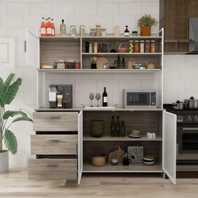 Large Kitchen Hutch Cabinet, Storage Cupboard Pantry with 3 Metal Doors, 3 Drawers & Microwave Shelf, for Kitchen Open Storage, Oak (59" W x 15.7" D x 68.5" H)