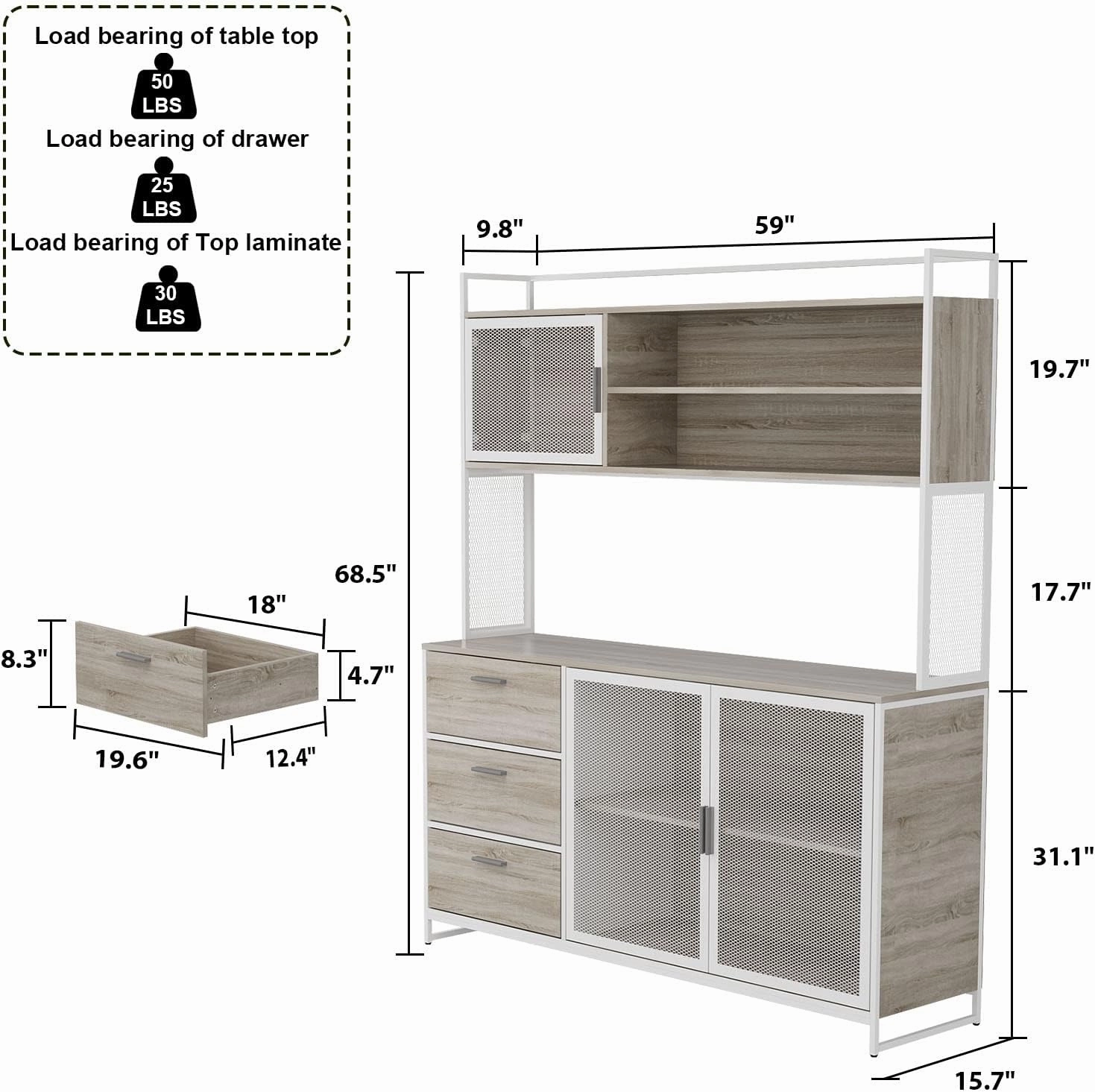 Large Kitchen Hutch Cabinet, Storage Cupboard Pantry with 3 Metal Doors, 3 Drawers & Microwave Shelf, for Kitchen Open Storage, Oak (59" W x 15.7" D x 68.5" H)