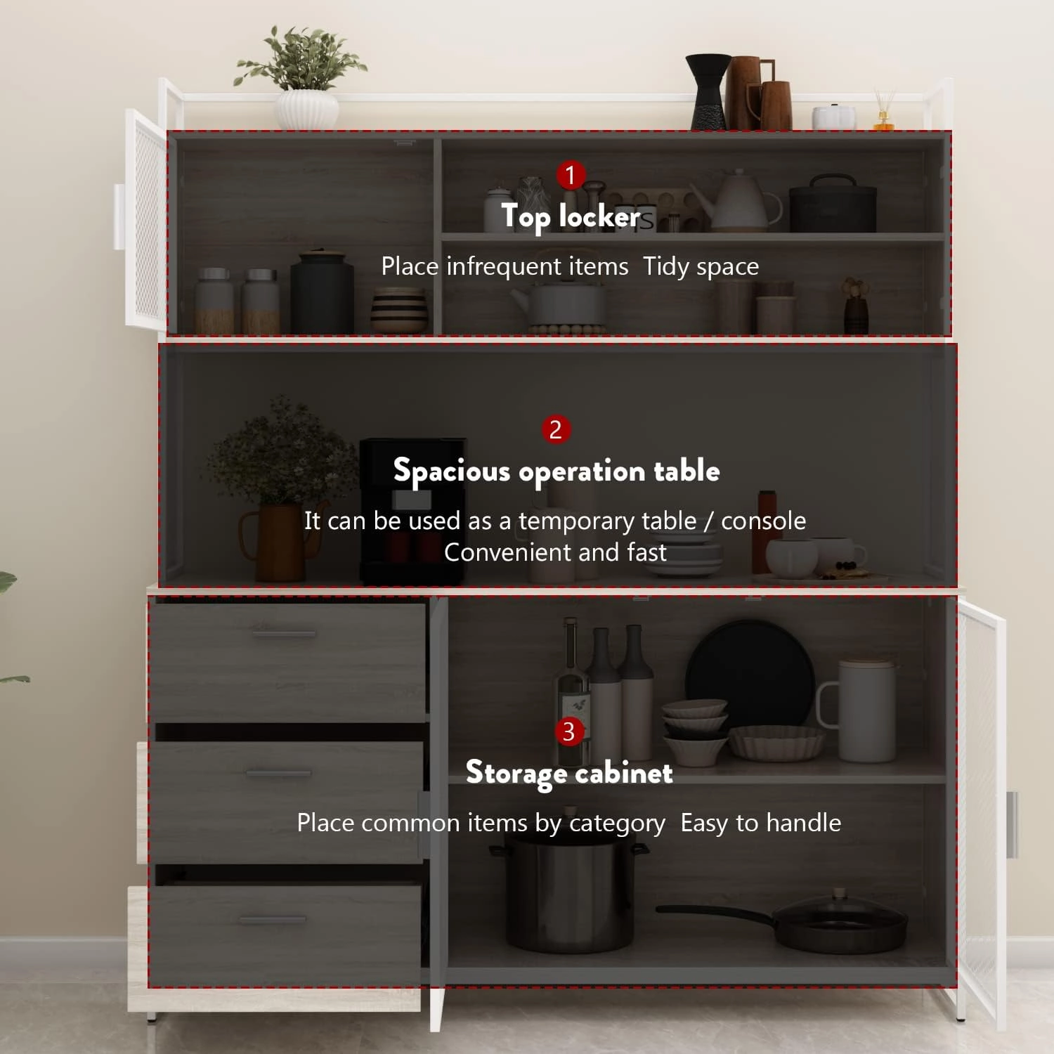 Large Kitchen Hutch Cabinet, Storage Cupboard Pantry with 3 Metal Doors, 3 Drawers & Microwave Shelf, for Kitchen Open Storage, Oak (59" W x 15.7" D x 68.5" H)