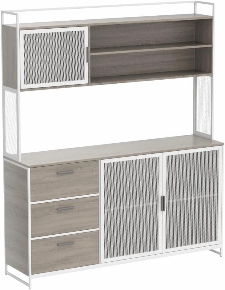Large Kitchen Hutch Cabinet, Storage Cupboard Pantry with 3 Metal Doors, 3 Drawers & Microwave Shelf, for Kitchen Open Storage, Oak (59" W x 15.7" D x 68.5" H)