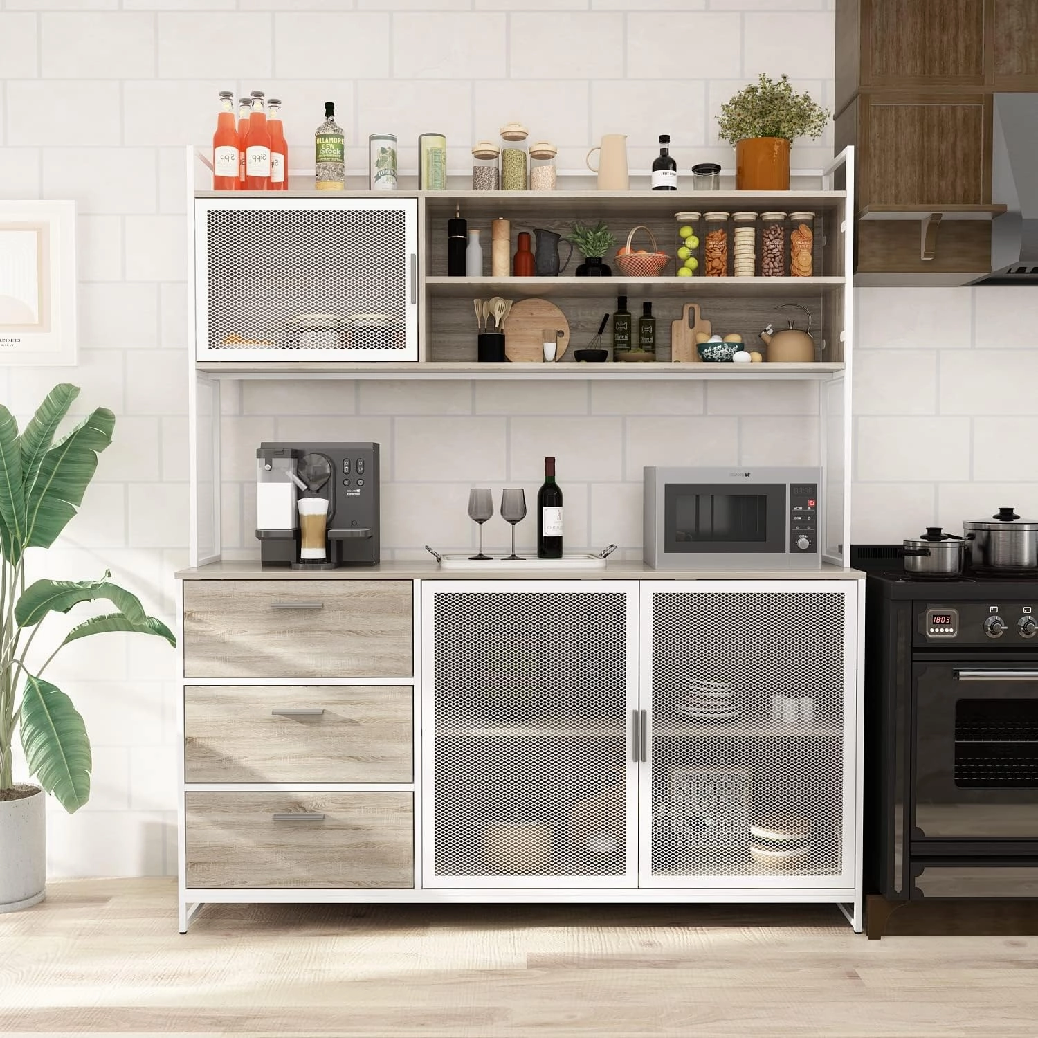Large Kitchen Hutch Cabinet, Storage Cupboard Pantry with 3 Metal Doors, 3 Drawers & Microwave Shelf, for Kitchen Open Storage, Oak (59" W x 15.7" D x 68.5" H)