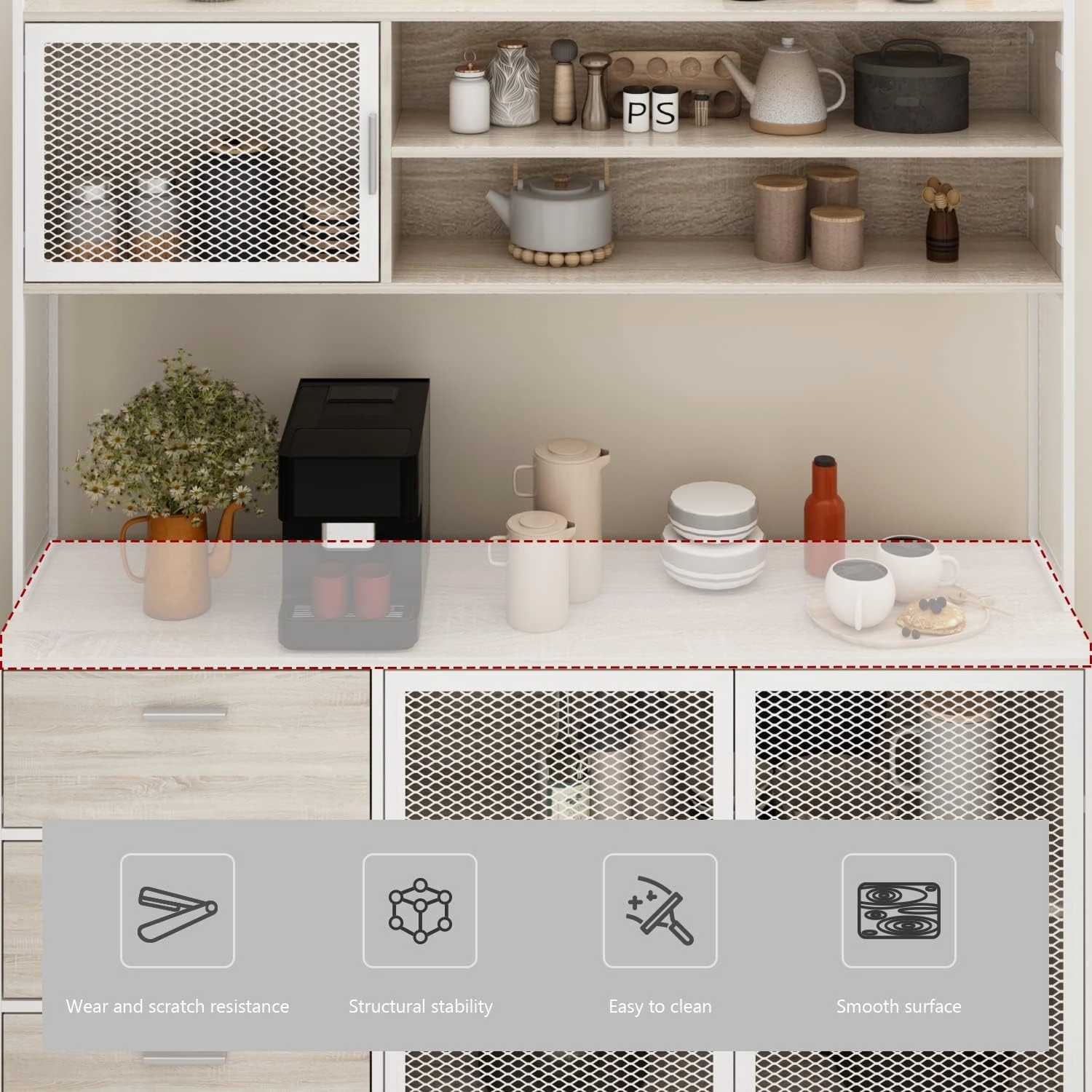 Large Kitchen Hutch Cabinet, Storage Cupboard Pantry with 3 Metal Doors, 3 Drawers & Microwave Shelf, for Kitchen Open Storage, Oak (59" W x 15.7" D x 68.5" H)