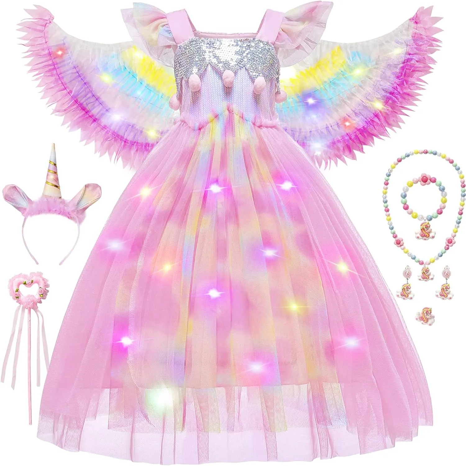 Latocos Girls Unicorn Dress Costume Toddler Light Up Princess Dress Up Clothes Unicorn Toys Halloween Birthday Gifts