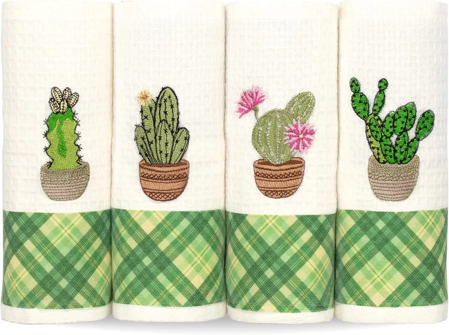 Lavien Home, Kitchen Dish Towels with Cactus Embroidered, Decorative Succulent Flowers Cute Tea Towels Turkish Cotton Waffle Weave 16 x 24 inches (Set of 4)