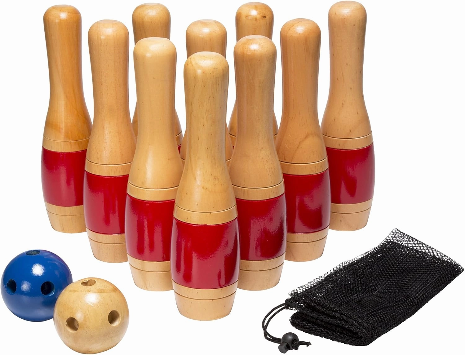 Lawn Bowling Game/Skittle Ball- Indoor and Outdoor Fun for Toddlers, Kids, Adults –10 Wooden Pins, 2 Balls, and Mesh Bag Set by Hey! Play! (11 Inch)