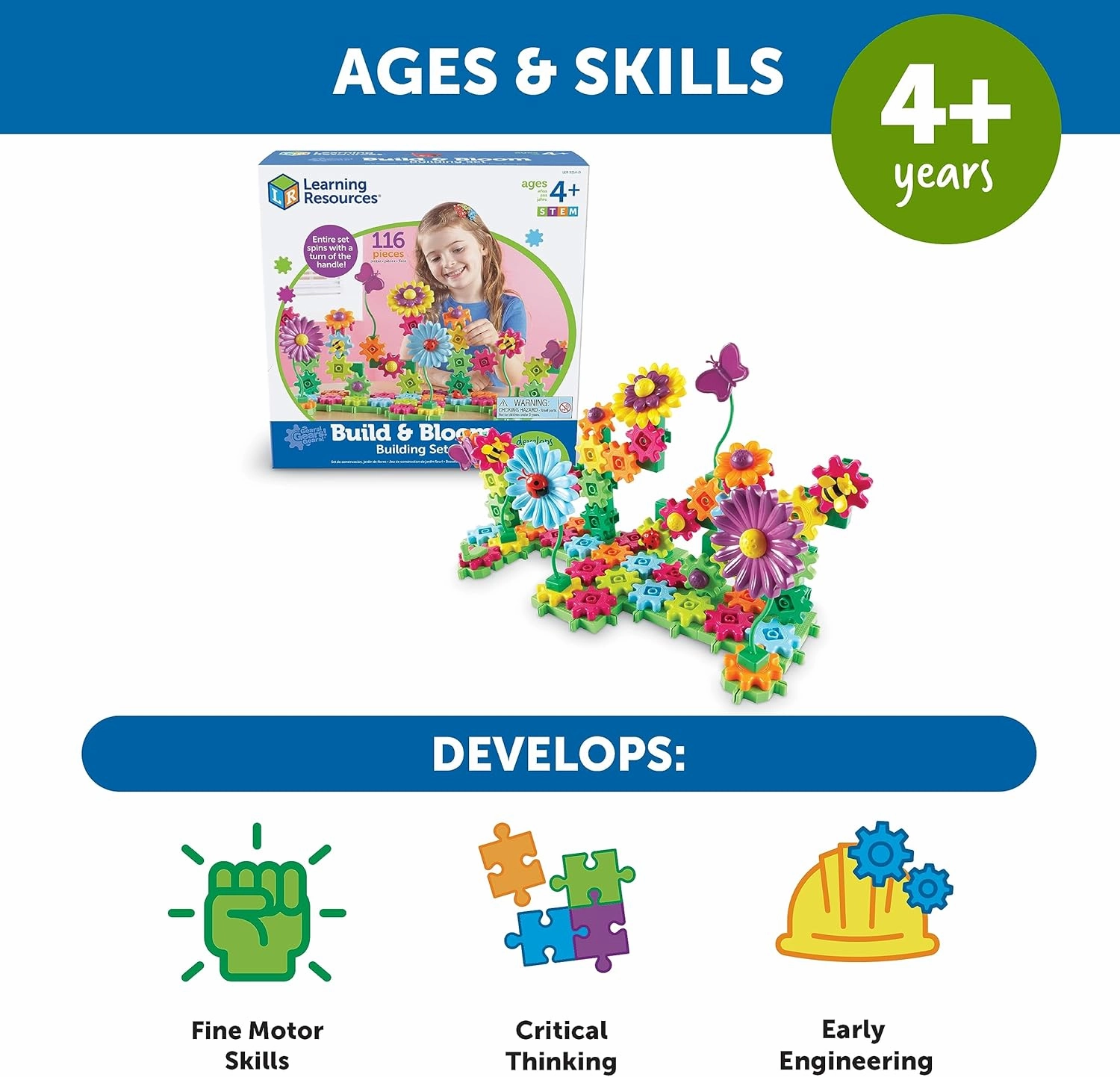 Learning Resources Gears! Gears! Gears! Build & Bloom Building Set - 116 Pieces, Ages 4  Preschool Learning Toys, Gears for Kids, STEM Toys