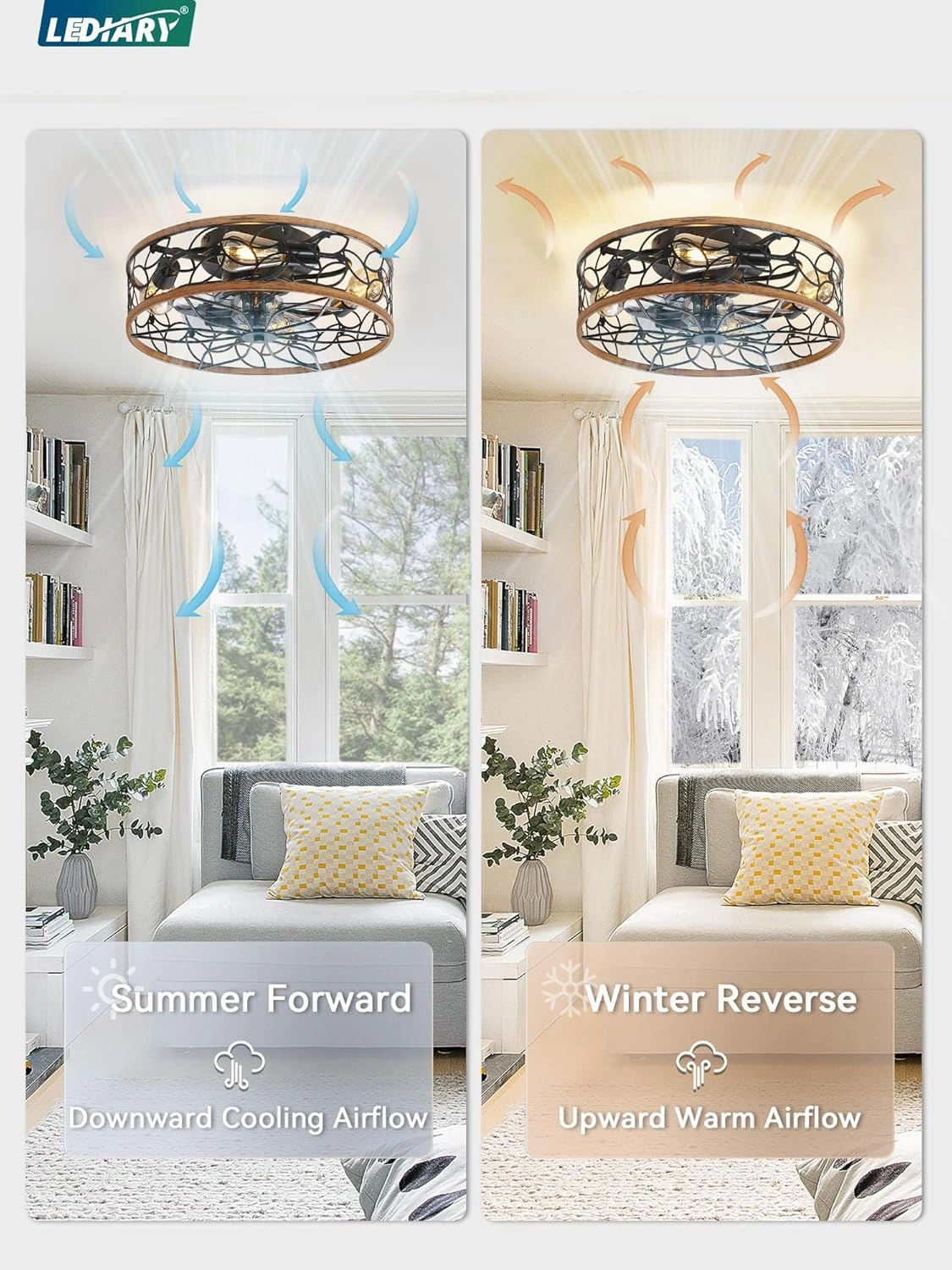 LEDIARY Caged Ceiling Fans with Lights, Farmhouse Flush Mount Ceiling Fan with Remote, Black&Walnut Low Profile Ceiling Fan Light Fixture for Bedroom, Kitchen, Dining Room.