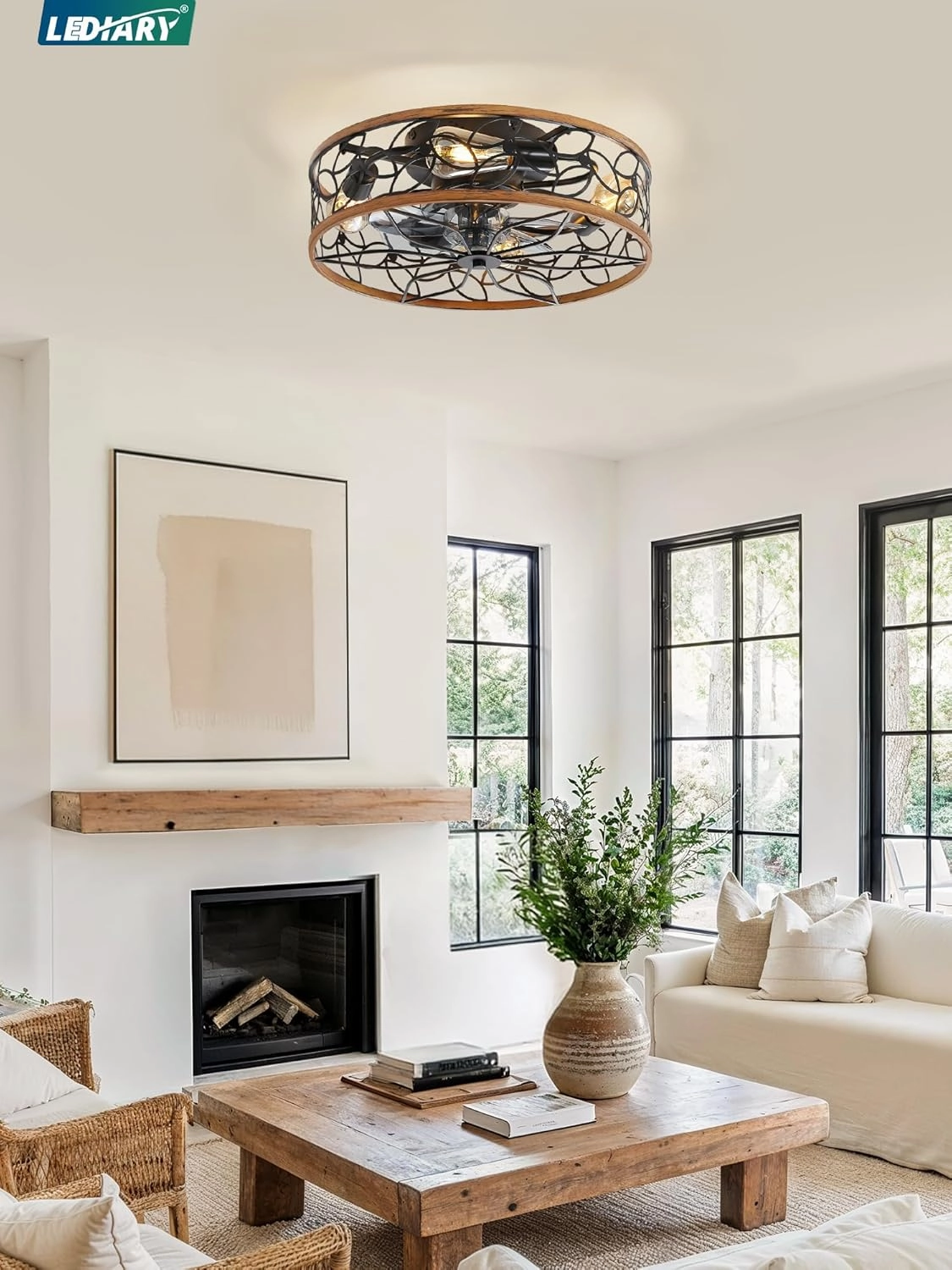 LEDIARY Caged Ceiling Fans with Lights, Farmhouse Flush Mount Ceiling Fan with Remote, Black&Walnut Low Profile Ceiling Fan Light Fixture for Bedroom, Kitchen, Dining Room.