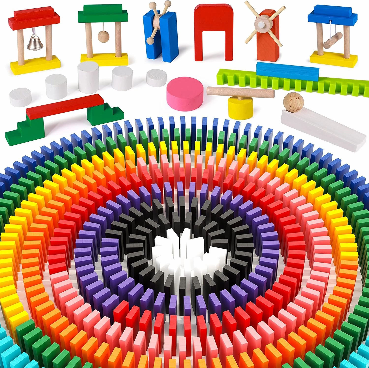 Lewo 1000 PCS Dominoes Set for Kids Wooden Building Blocks Bulk Dominoes Racing Tile Games with Extra 11 Add-on Blocks and Storage Bag