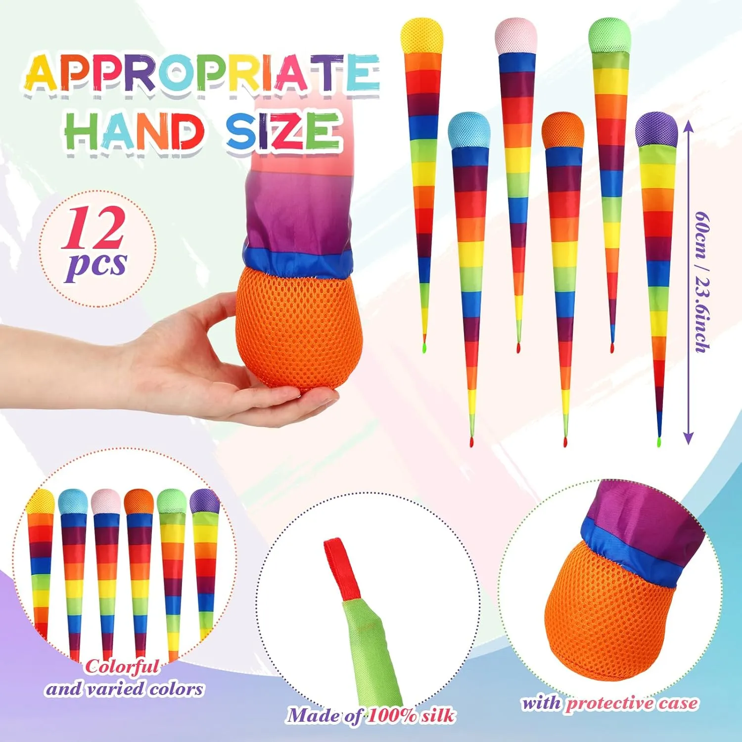 Leyndo 12 Pcs Throw and Catch Balls with Rainbow Tail, Soft Sports Play Comet Balls Playground Toys Bulk for Kids Adults Games and Activities Fun Throwing School, 25.59 Inch Long(Classic Color)