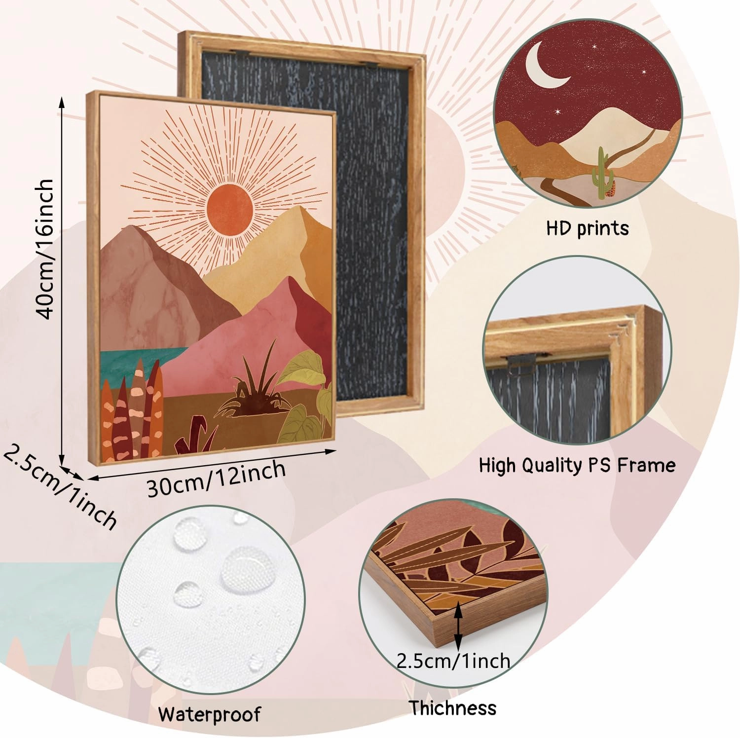 LHIUEM Modern Boho Framed Canvas Wall Art Set of 3(12”X16”) Moon and Sun Modern Desert Art Painting Nature Southwest Landscapes Artwork Rustic Mountain Wall Decor Framed Desert Art for Home Office