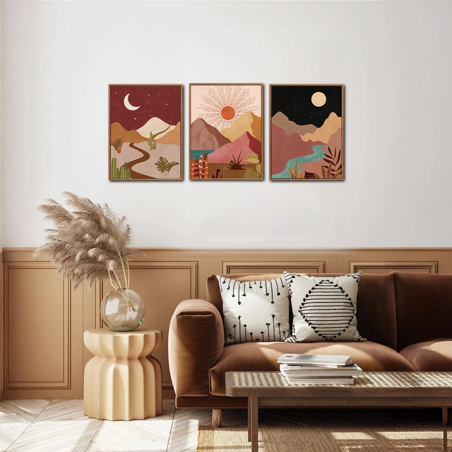 LHIUEM Modern Boho Framed Canvas Wall Art Set of 3(12”X16”) Moon and Sun Modern Desert Art Painting Nature Southwest Landscapes Artwork Rustic Mountain Wall Decor Framed Desert Art for Home Office