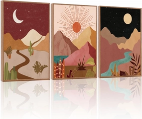 LHIUEM Modern Boho Framed Canvas Wall Art Set of 3(12”X16”) Moon and Sun Modern Desert Art Painting Nature Southwest Landscapes Artwork Rustic Mountain Wall Decor Framed Desert Art for Home Office