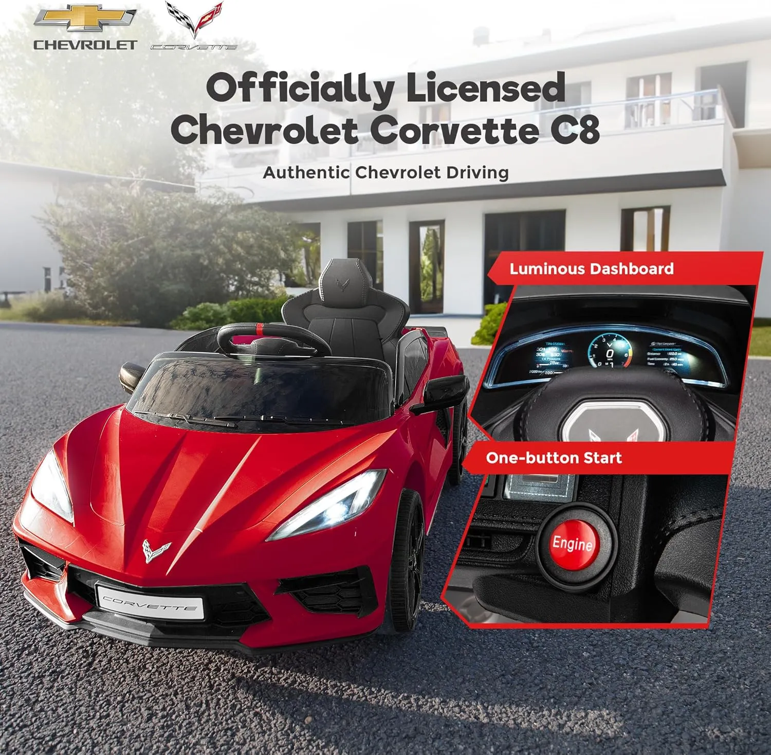 Licensed Chevrolet Corvette C8 12V Ride On Car, Electric Car w/Remote Control, LED Lights, Shiny Dashboard, 3 Speeds Mode, Soft Start, Bluetooth Speaker, Battery Powered Cars for Kids to Drive