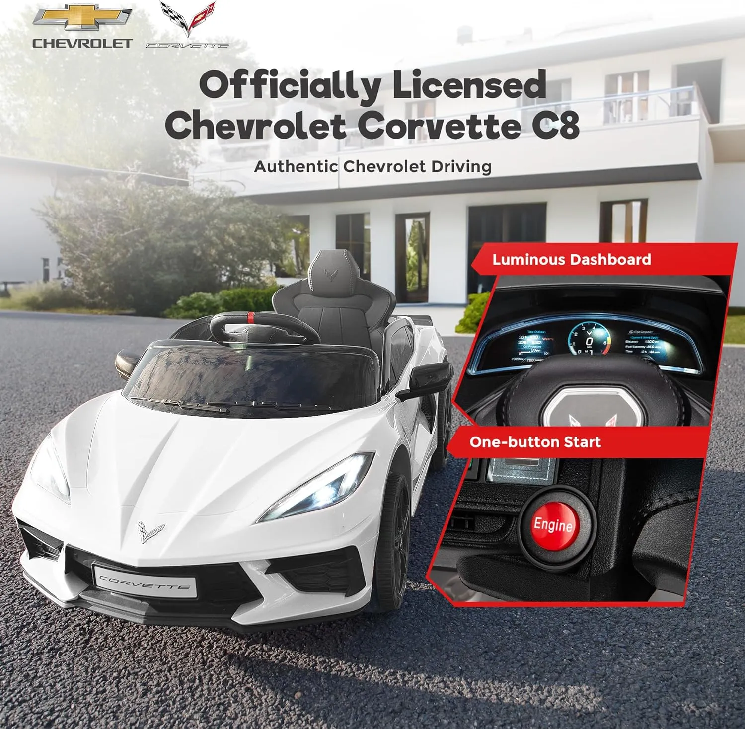 Licensed Chevrolet Corvette C8 12V Ride On Car, Electric Car w/Remote Control, LED Lights, Shiny Dashboard, 3 Speeds Mode, Soft Start, Bluetooth Speaker, Battery Powered Cars for Kids to Drive