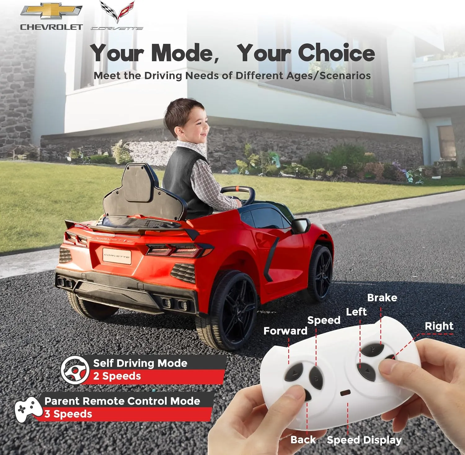Licensed Chevrolet Corvette C8 12V Ride On Car, Electric Car w/Remote Control, LED Lights, Shiny Dashboard, 3 Speeds Mode, Soft Start, Bluetooth Speaker, Battery Powered Cars for Kids to Drive