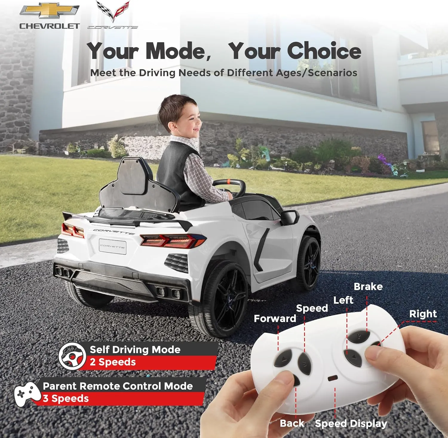 Licensed Chevrolet Corvette C8 12V Ride On Car, Electric Car w/Remote Control, LED Lights, Shiny Dashboard, 3 Speeds Mode, Soft Start, Bluetooth Speaker, Battery Powered Cars for Kids to Drive