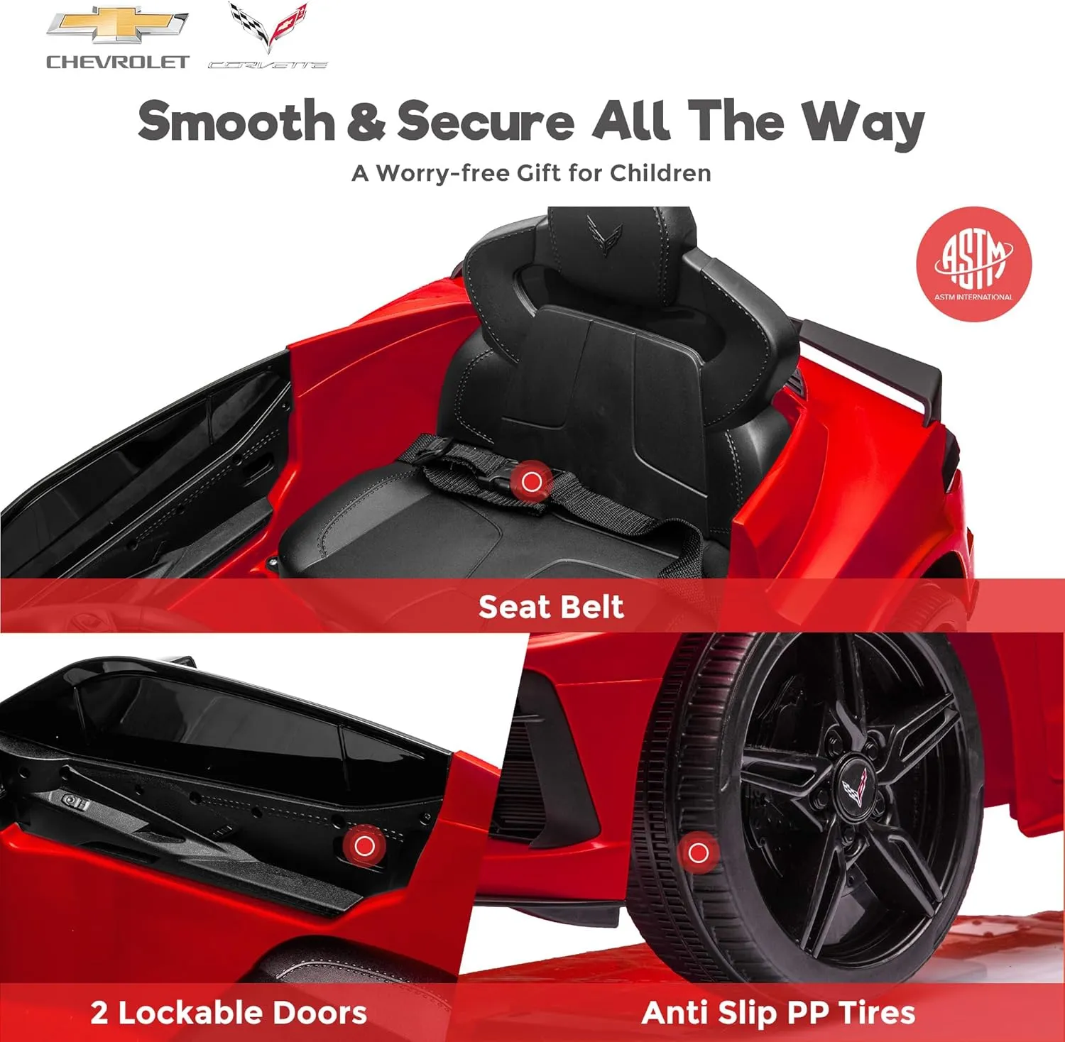 Licensed Chevrolet Corvette C8 12V Ride On Car, Electric Car w/Remote Control, LED Lights, Shiny Dashboard, 3 Speeds Mode, Soft Start, Bluetooth Speaker, Battery Powered Cars for Kids to Drive