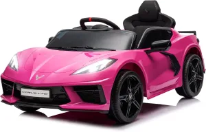 Licensed Chevrolet Corvette C8 Kids Car, 12V Kids Electric Vehicle Manual & Remote Control Modes, LED Lights, 3 Speeds, Bluetooth, Shiny Dashboard, MP3, Electric Car for Kids, Pink