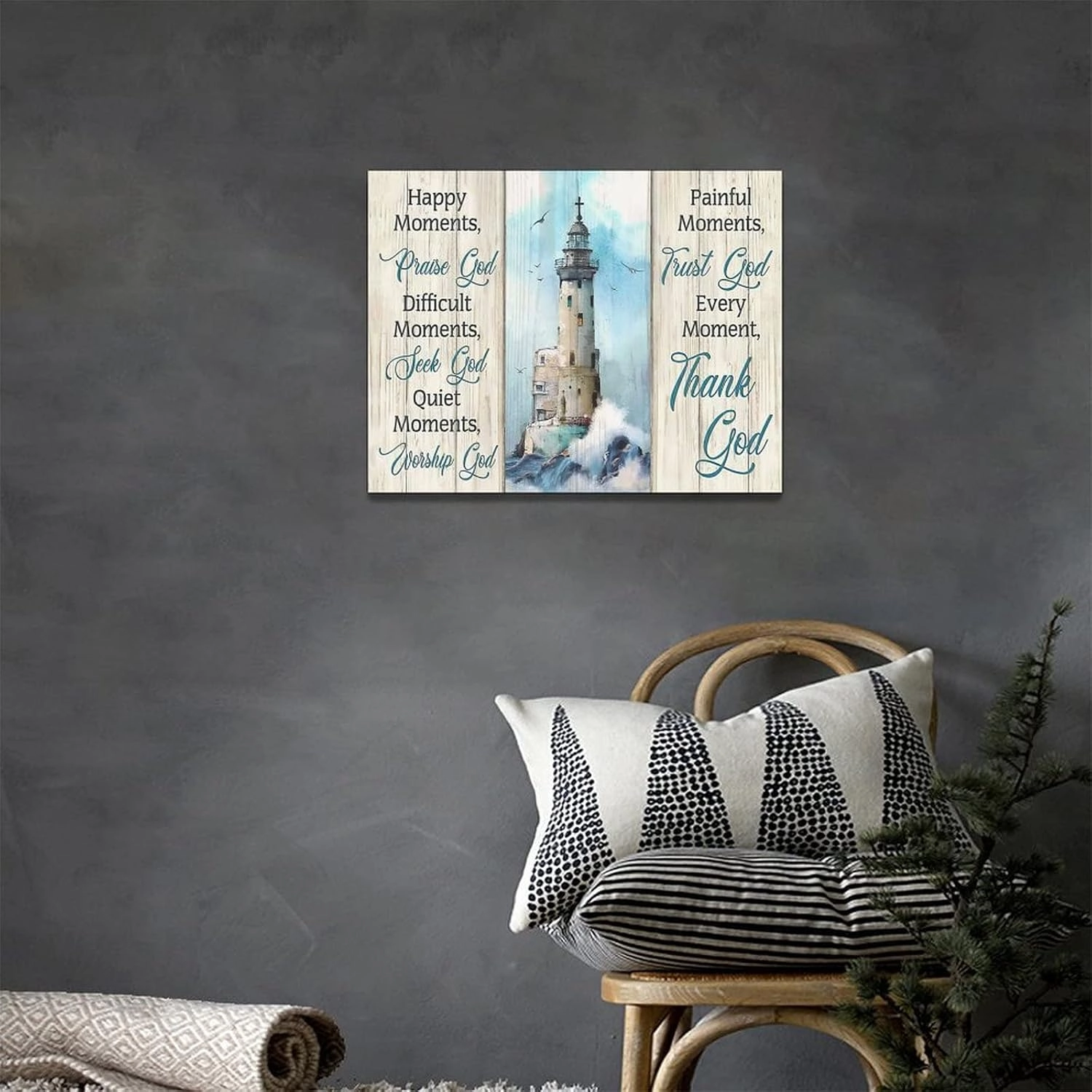 Lighthouse Wall Art - Nautical Lighthouse Decor, Ocean Coastal Pictures, Christian Quotes Religious Canvas Painting Prints, Modern Artwork for Bedroom 16"x12"
