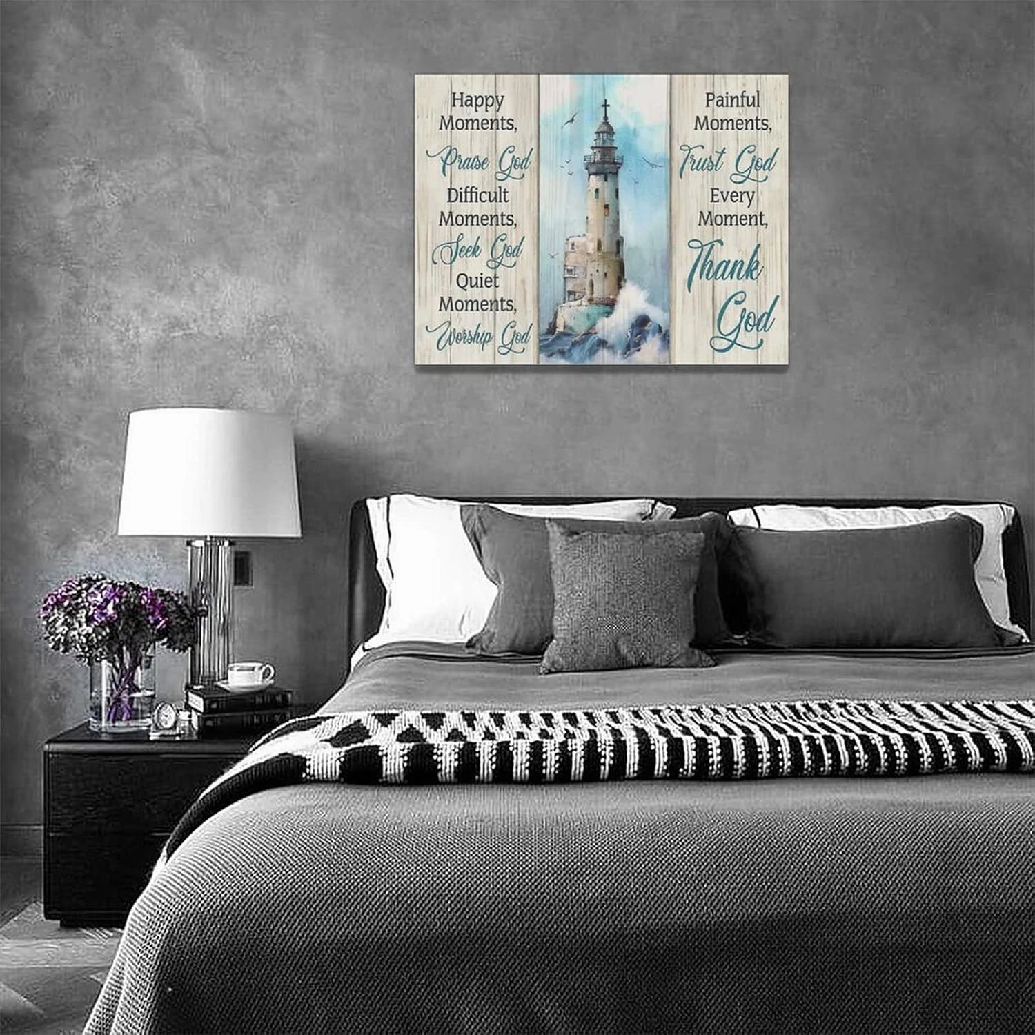 Lighthouse Wall Art - Nautical Lighthouse Decor, Ocean Coastal Pictures, Christian Quotes Religious Canvas Painting Prints, Modern Artwork for Bedroom 16"x12"