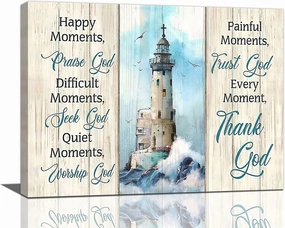 Lighthouse Wall Art - Nautical Lighthouse Decor, Ocean Coastal Pictures, Christian Quotes Religious Canvas Painting Prints, Modern Artwork for Bedroom 16"x12"