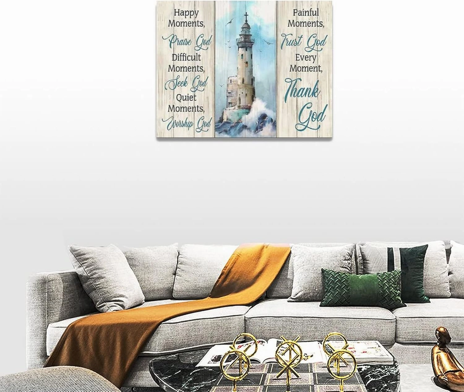 Lighthouse Wall Art - Nautical Lighthouse Decor, Ocean Coastal Pictures, Christian Quotes Religious Canvas Painting Prints, Modern Artwork for Bedroom 16"x12"
