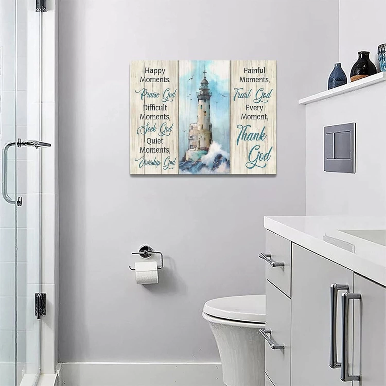Lighthouse Wall Art - Nautical Lighthouse Decor, Ocean Coastal Pictures, Christian Quotes Religious Canvas Painting Prints, Modern Artwork for Bedroom 16"x12"