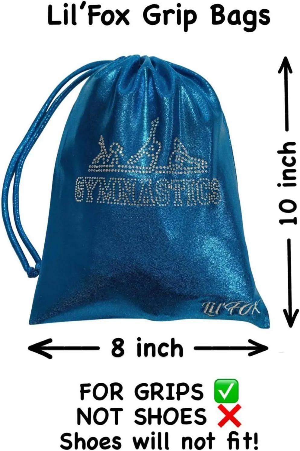 LIL'FOX 8"x10" Drawstring Gymnastics SMALL GRIP BAG 26x20cm - Lightweight Bag for Personal Equipment - Shiny Foil Rhinestones