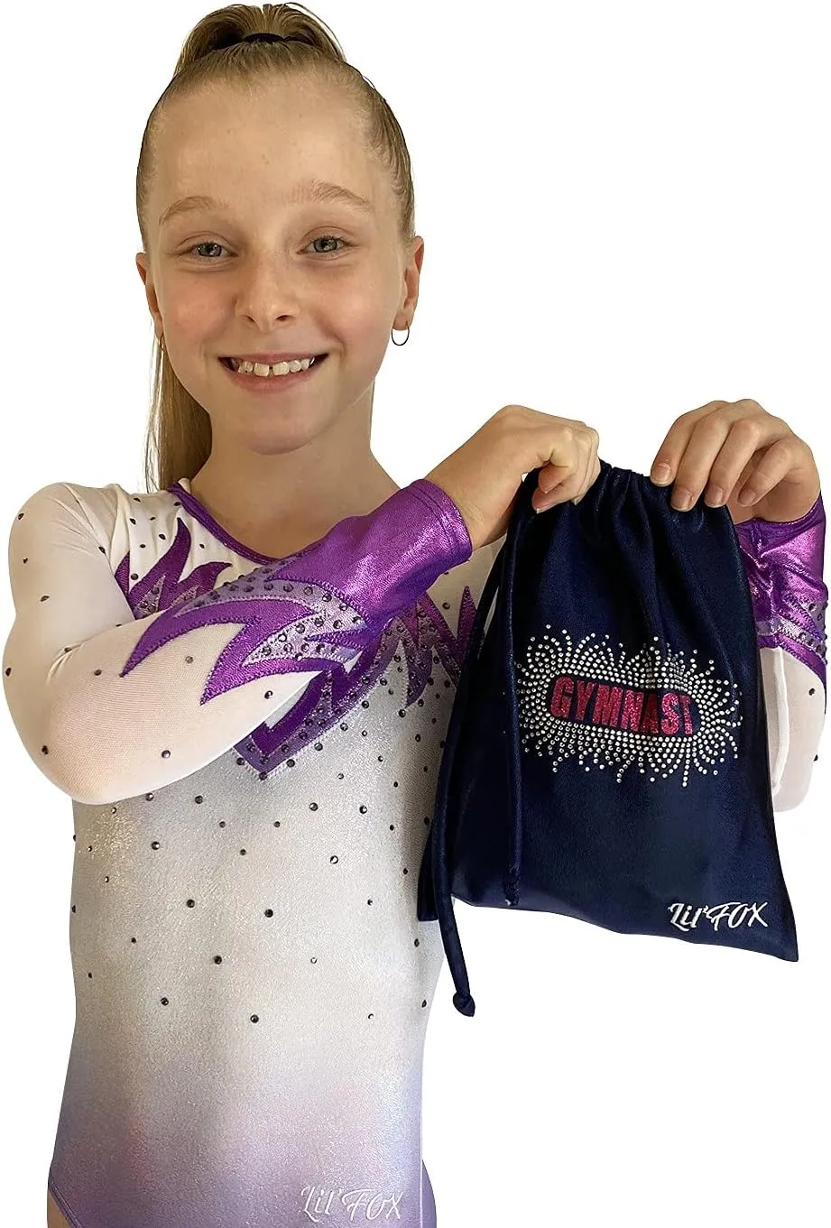 LIL'FOX 8"x10" Drawstring Gymnastics SMALL GRIP BAG 26x20cm - Lightweight Bag for Personal Equipment - Shiny Foil Rhinestones
