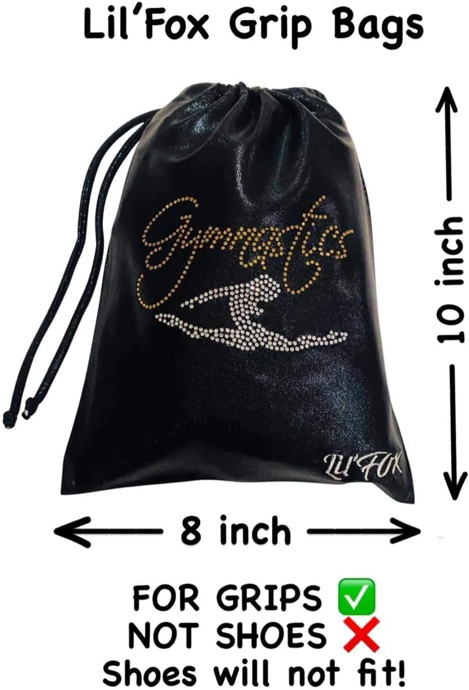 LIL'FOX 8"x10" Drawstring Gymnastics SMALL GRIP BAG 26x20cm - Lightweight Bag for Personal Equipment - Shiny Foil Rhinestones