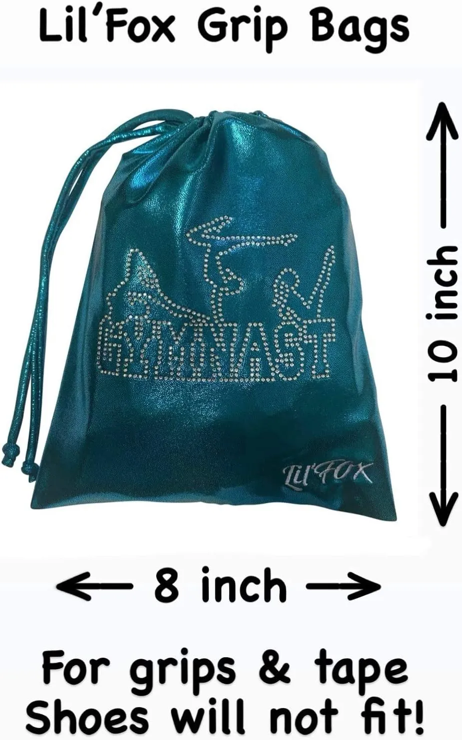 LIL'FOX 8"x10" Drawstring Gymnastics SMALL GRIP BAG 26x20cm - Lightweight Bag for Personal Equipment - Shiny Foil Rhinestones