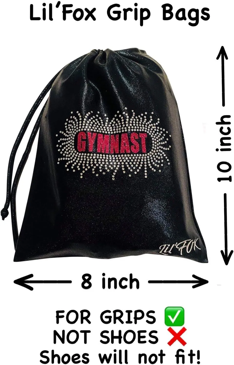 LIL'FOX 8"x10" Drawstring Gymnastics SMALL GRIP BAG 26x20cm - Lightweight Bag for Personal Equipment - Shiny Foil Rhinestones