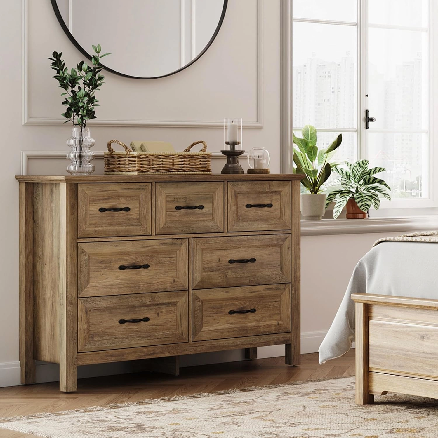 LINSY HOME 7 Drawers Dresser for Bedroom, Wood Bedroom Dresser Farmhouse Drawer Chest, Tall Dressers Organizer for Closet, Living Room, Hallway