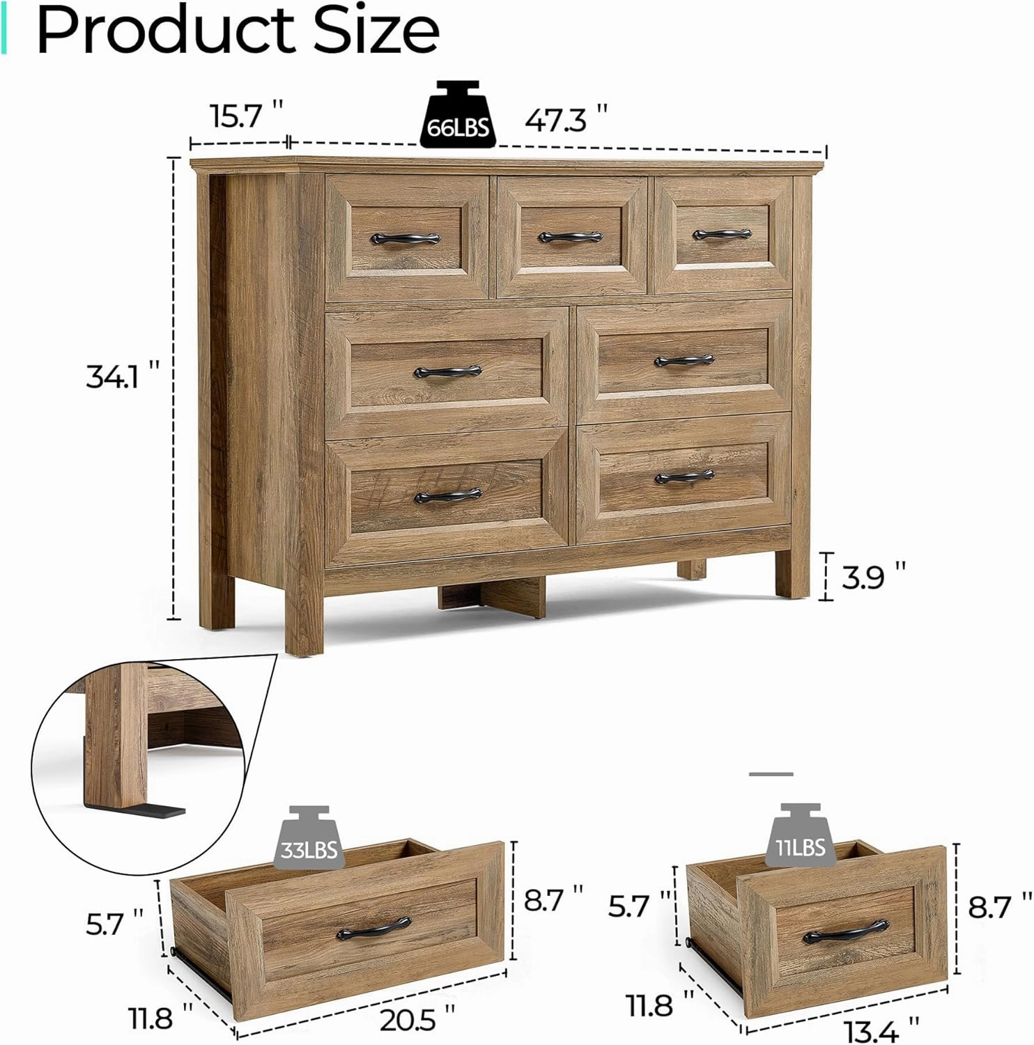 LINSY HOME 7 Drawers Dresser for Bedroom, Wood Bedroom Dresser Farmhouse Drawer Chest, Tall Dressers Organizer for Closet, Living Room, Hallway