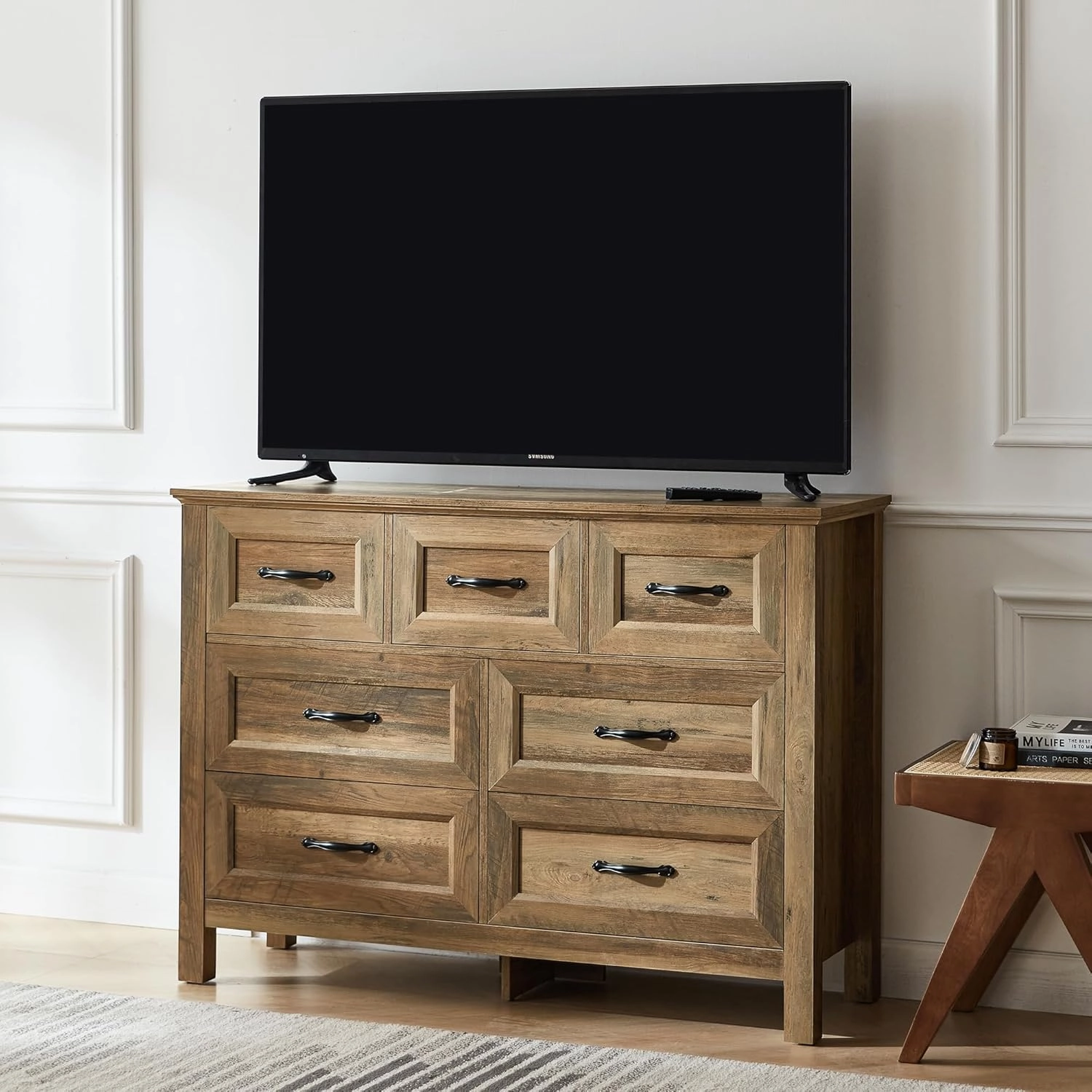 LINSY HOME 7 Drawers Dresser for Bedroom, Wood Bedroom Dresser Farmhouse Drawer Chest, Tall Dressers Organizer for Closet, Living Room, Hallway
