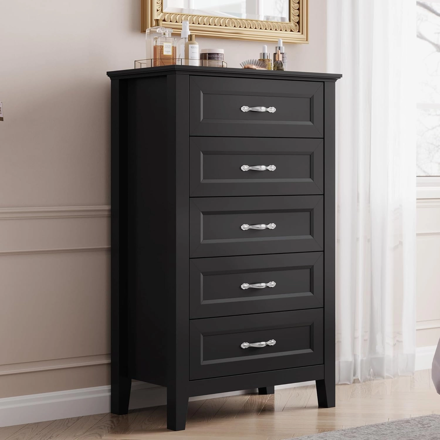 LINSY HOME Dresser for Bedroom, 5 Drawer Dresser with Metal Handles, Tall Chest of Drawers for Living Room, Entryway and Hallway, Black