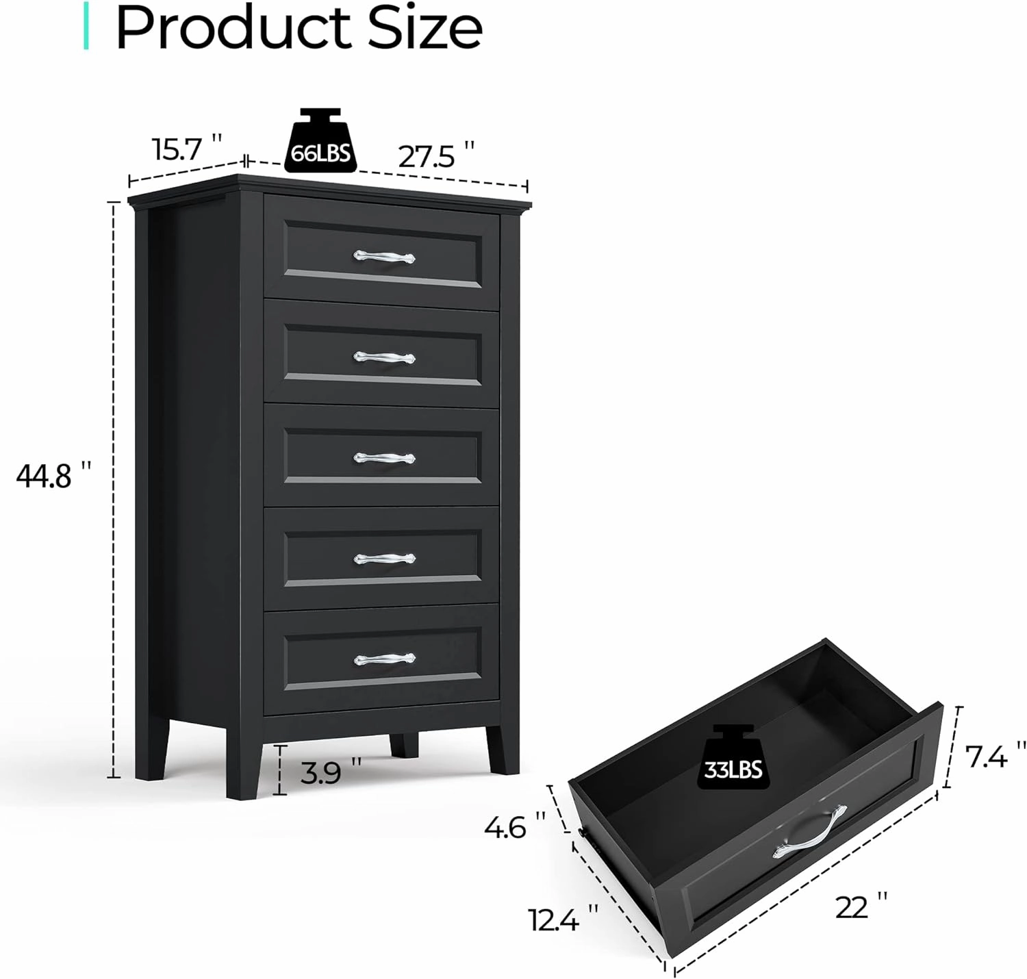 LINSY HOME Dresser for Bedroom, 5 Drawer Dresser with Metal Handles, Tall Chest of Drawers for Living Room, Entryway and Hallway, Black