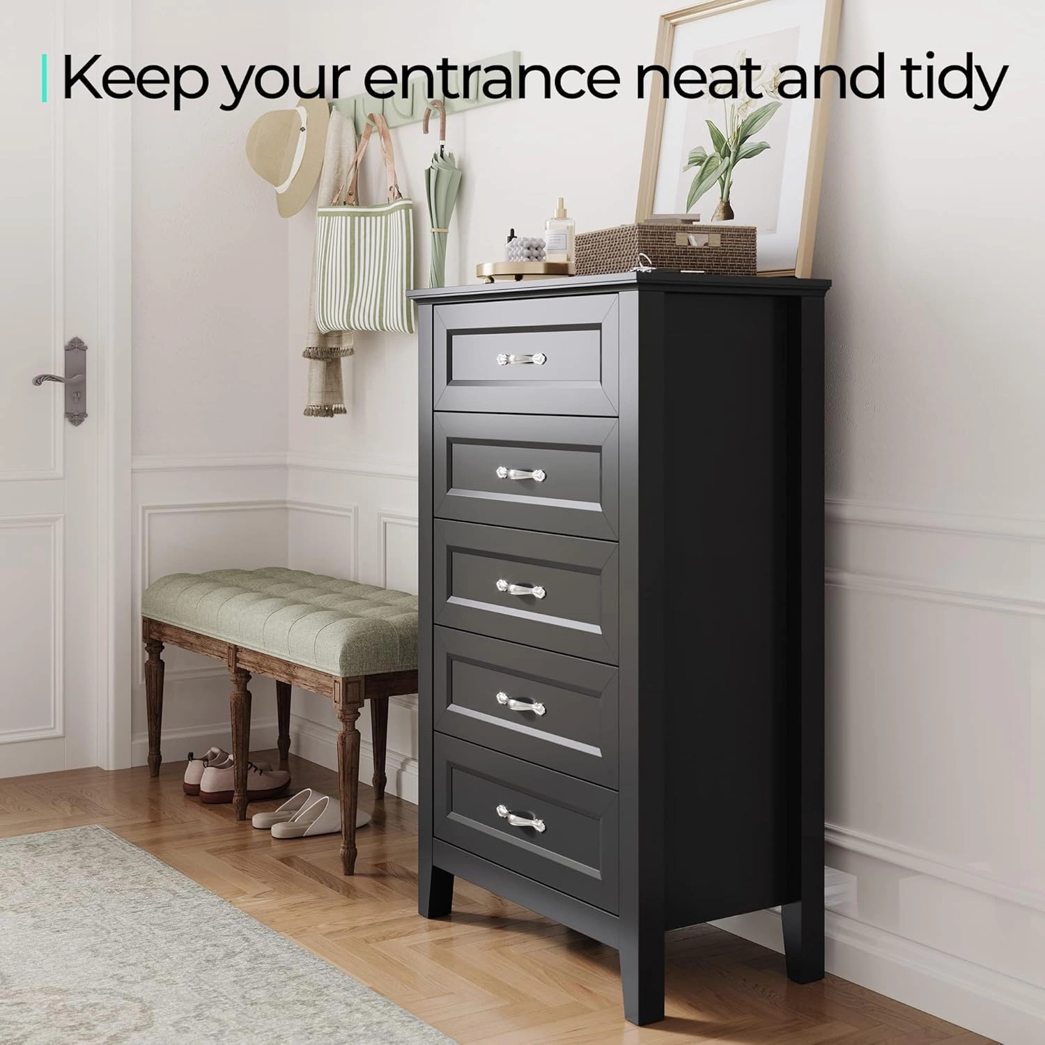 LINSY HOME Dresser for Bedroom, 5 Drawer Dresser with Metal Handles, Tall Chest of Drawers for Living Room, Entryway and Hallway, Black