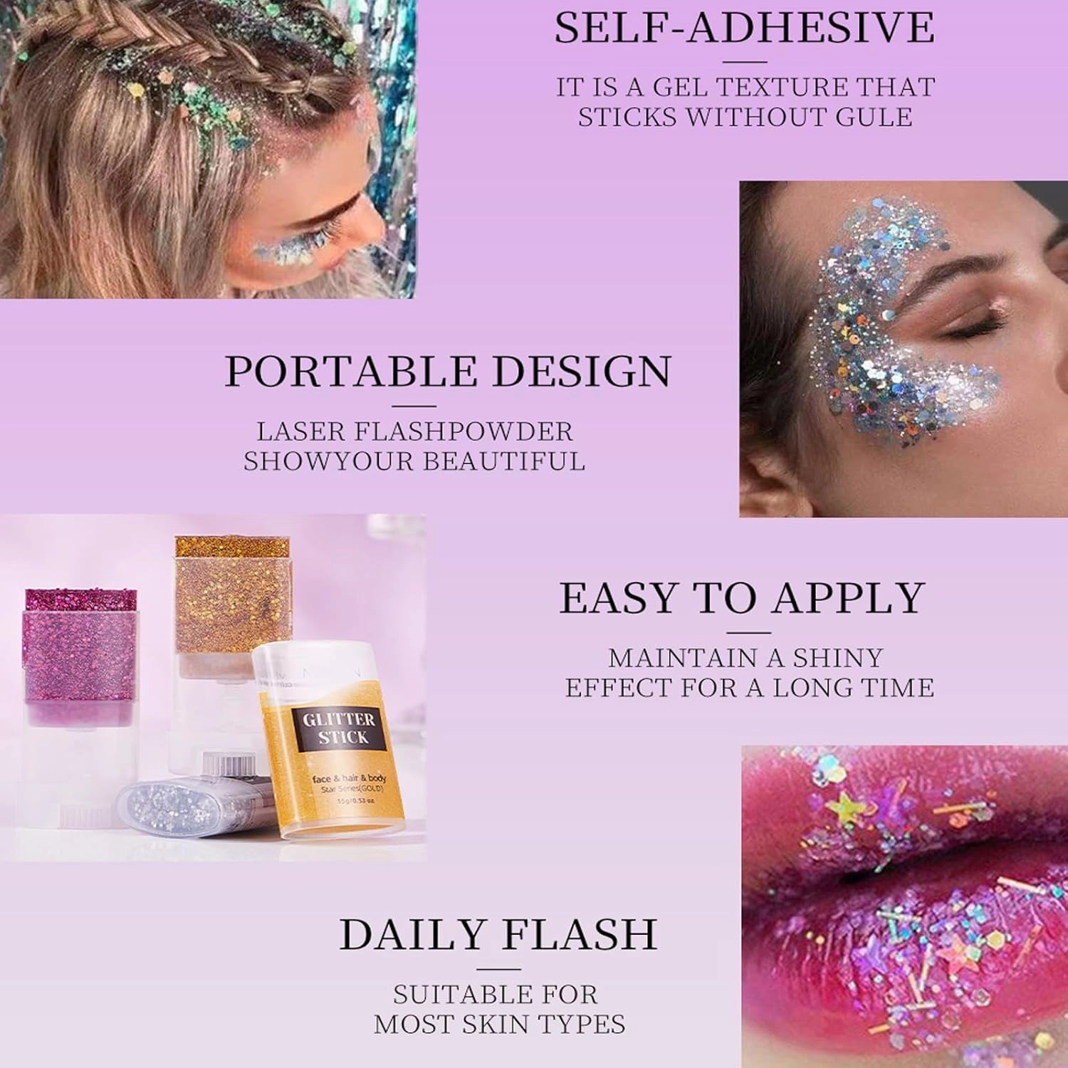 Liplaya Glitter Stick,Liplaya Glitter Sticks for Hair,Glitters Stick Hair and Body,Purple Eyeshadow Sticks,Red White and Blue Accessories,Sequins Paint Sparkling Face Makeup,Waterproof Shine (3-A)