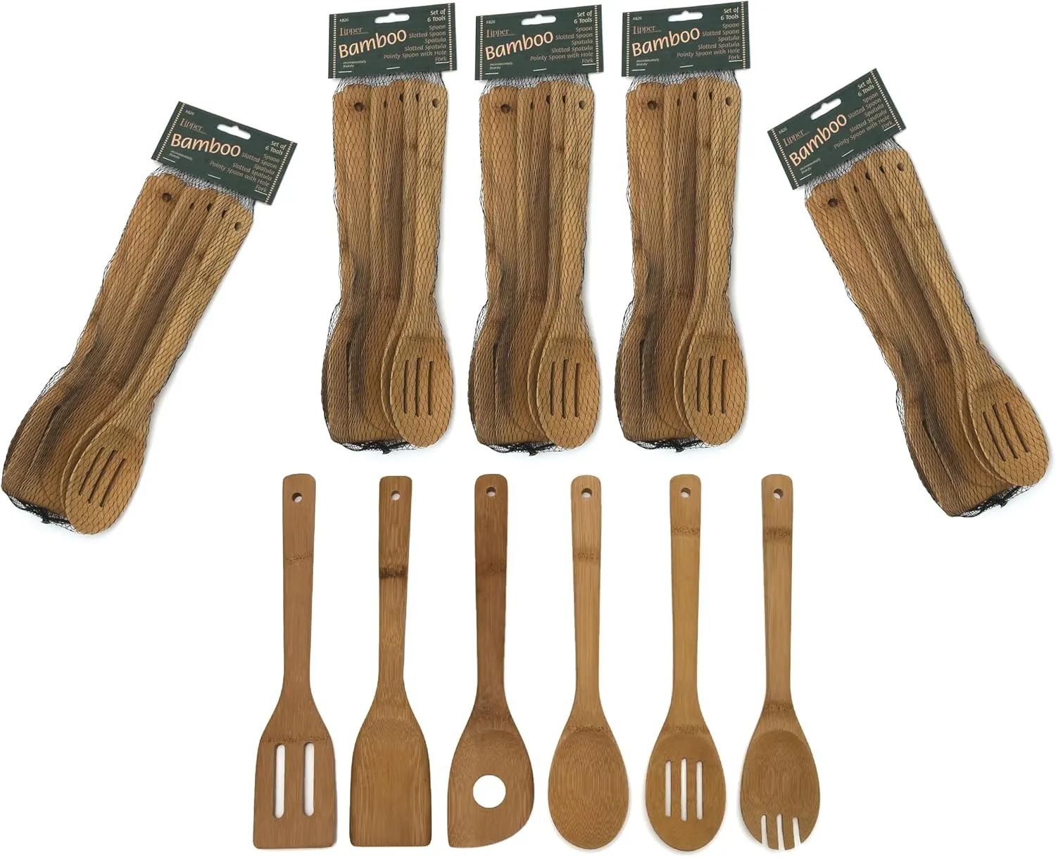 Lipper International Bamboo Wood Kitchen Tools in Mesh Bag, Includes, Spatula, Pointy, Slotted, Spoon Fork, Set of 36