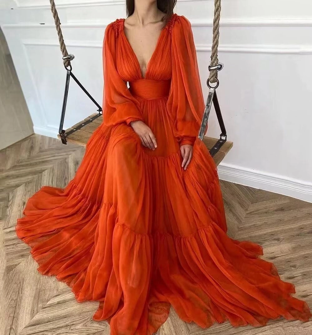 Long Puffy Sleeve Prom Dresses V Neck Long Ball Gown