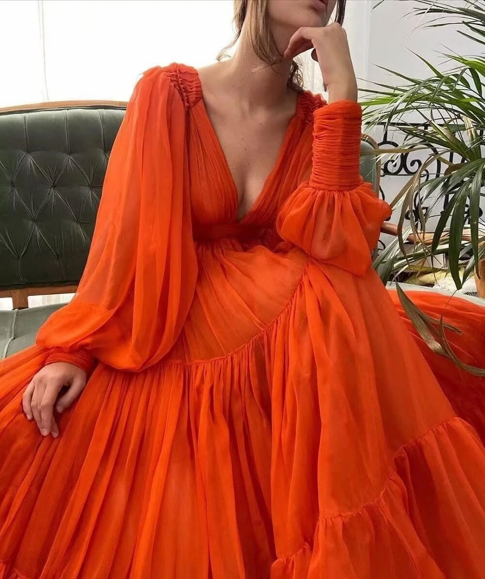 Long Puffy Sleeve Prom Dresses V Neck Long Ball Gown