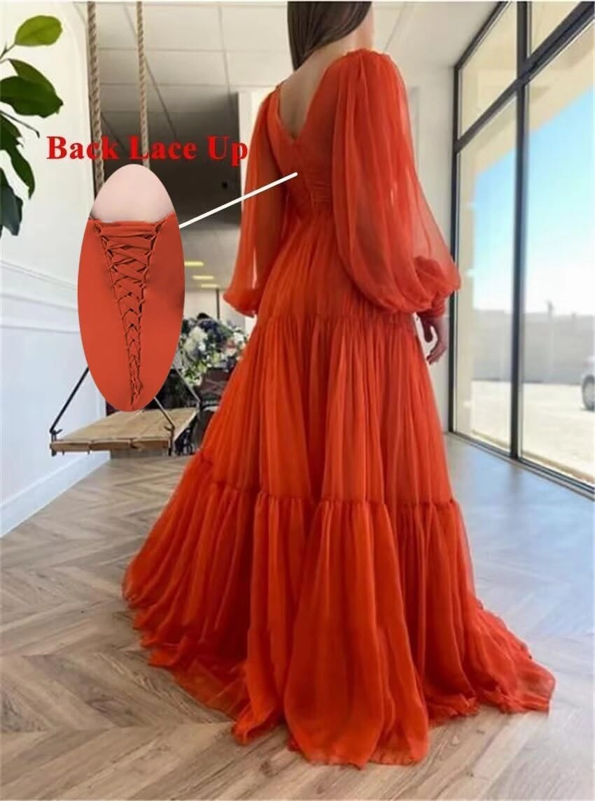 Long Puffy Sleeve Prom Dresses V Neck Long Ball Gown